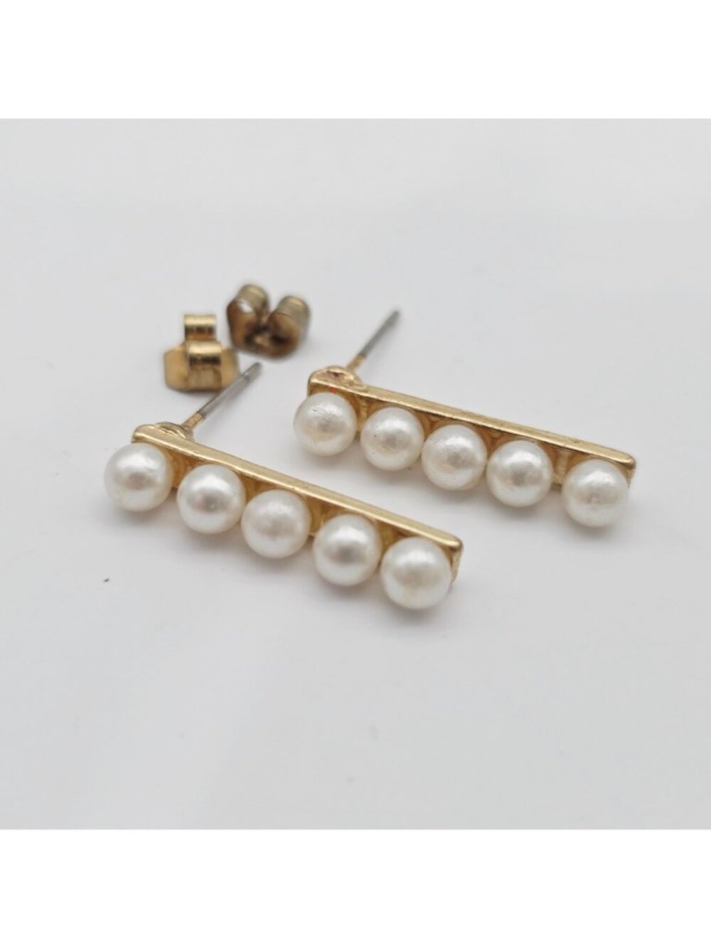 Gold-Tone Bar Earrings With Faux Pearl Accents Post Back Closure - Picture 2 of 5